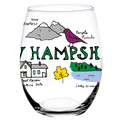 Stemless Wine glass with colorful illustrations and text on a white background