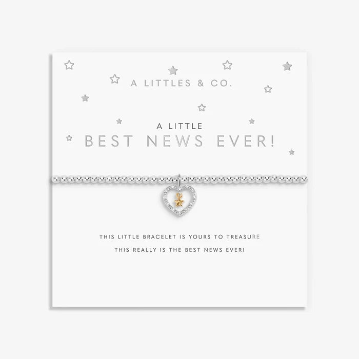 A Littles & Co. A Little Best News Ever bracelet on sentiment card with silver beaded bracelet and heart charm with gold star