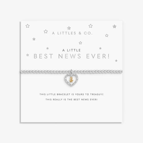 A Littles & Co. A Little Best News Ever bracelet on sentiment card with silver beaded bracelet and heart charm with gold star