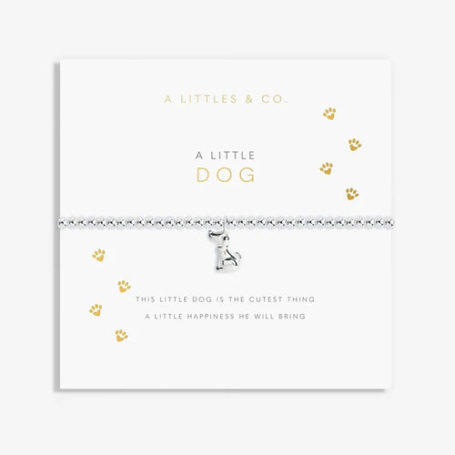 A Littles & Co. A Little Dog bracelet on sentiment card with silver beaded stretch design and dog charm