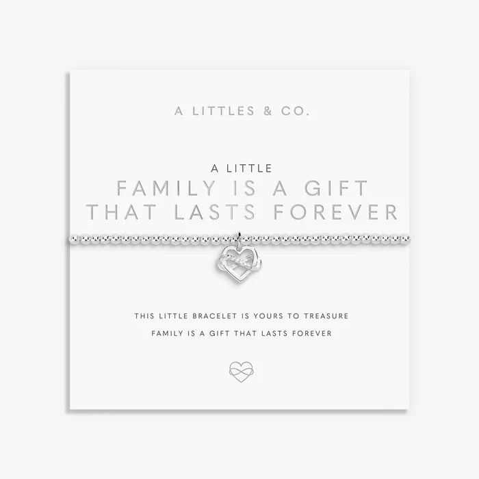 A Littles & Co A Little Family Is A Gift bracelet on sentiment card with silver interlinked heart charm