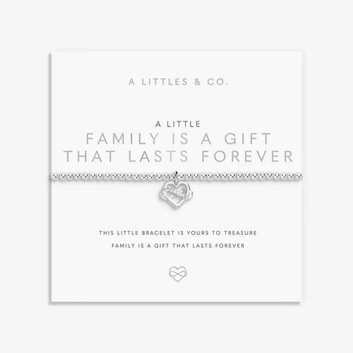 A Littles & Co A Little Family Is A Gift bracelet on sentiment card with silver interlinked heart charm