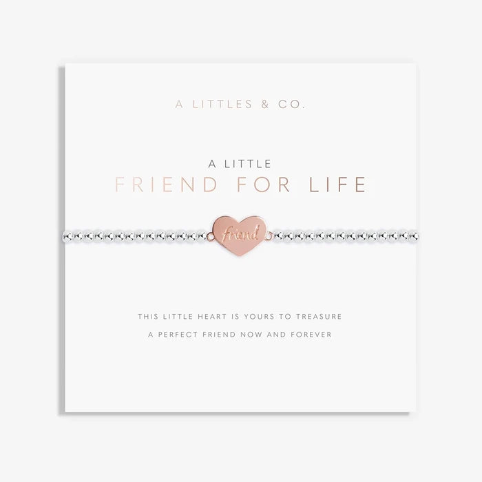 A Littles & Co Friends For Life bracelet displayed on sentiment card with silver heart charm and friendship message
