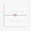A Littles & Co Friends For Life bracelet displayed on sentiment card with silver heart charm and friendship message