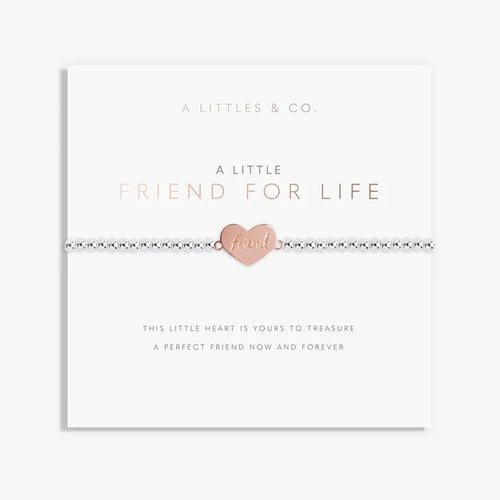 A Littles & Co Friends For Life bracelet displayed on sentiment card with silver heart charm and friendship message