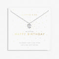 Silver heart necklace on a 'Happy Birthday' card with gold text