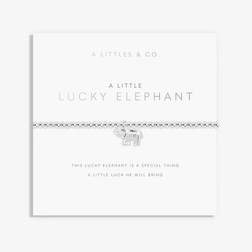 A Littles & Co. A Little Lucky Elephant bracelet with silver beaded stretch band and elephant charm displayed on keepsake card