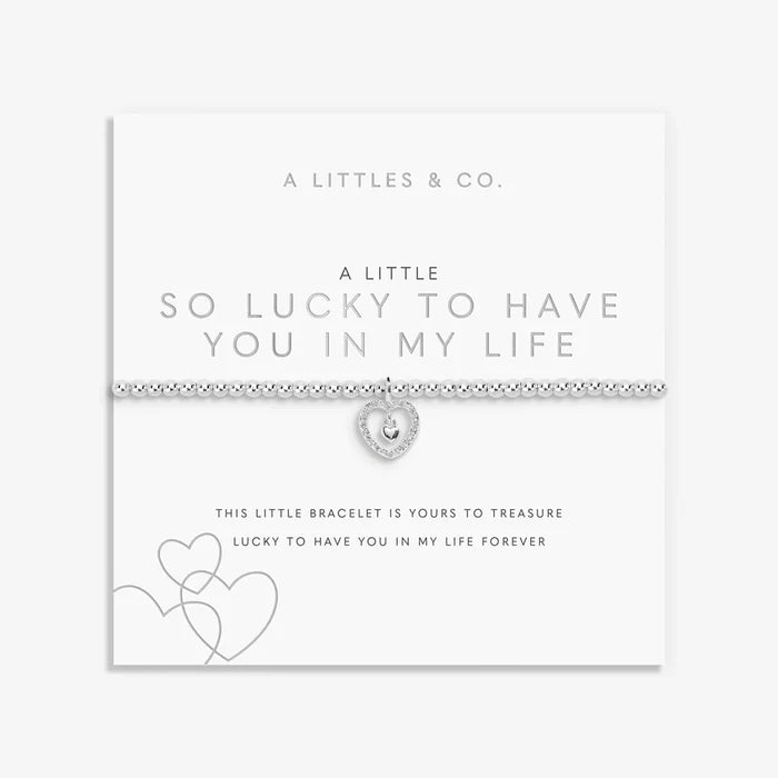A Littles & Co. A Little So Lucky To Have You bracelet on sentiment card with silver beaded design and heart charm