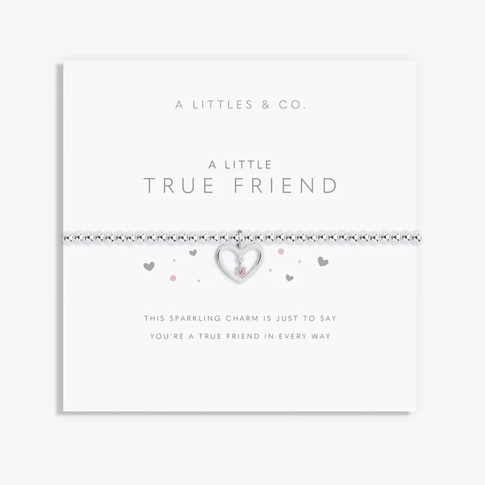A Littles & Co A Little True Friend bracelet on keepsake card with silver heart charm and friendship message
