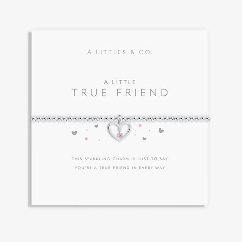 A Littles & Co A Little True Friend bracelet on keepsake card with silver heart charm and friendship message