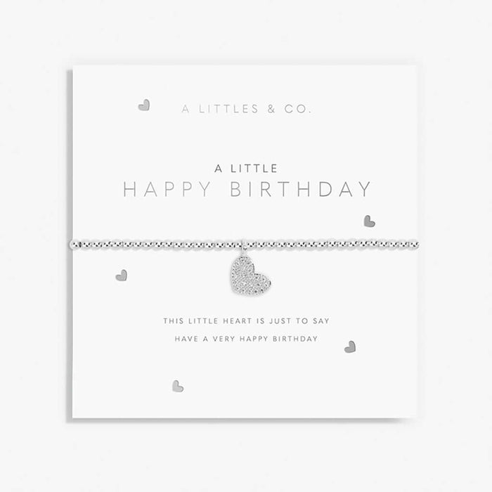 Silver bracelet with heart charm on a white card with 'A Littles & Co' text