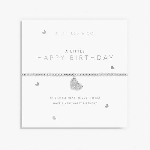 Silver bracelet with heart charm on a white card with 'A Littles & Co' text