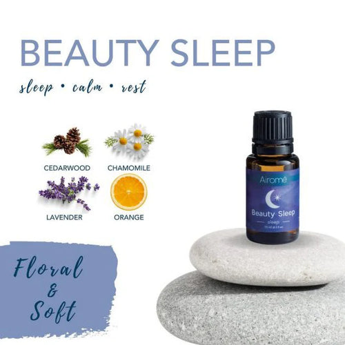 Arome3 Beauty Sleep essential oil bottle on a stone with floral illustrations and text on a white background