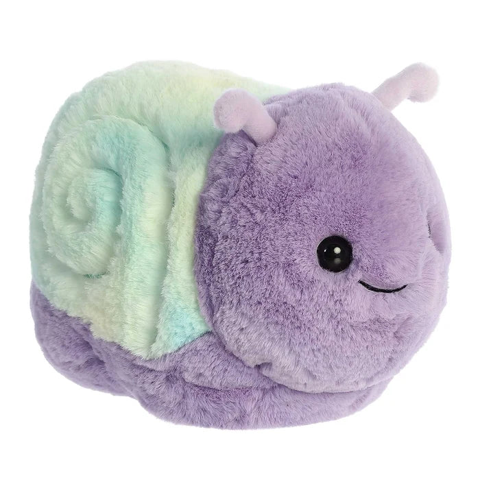 Side view of Emily Snail Spudster plush by Aurora World with pastel shell and rounded body