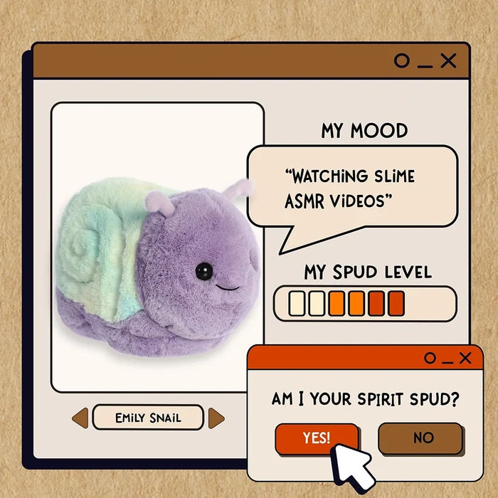 Aurora World Emily Snail Spudster plush with mood card graphic and pastel purple snail design