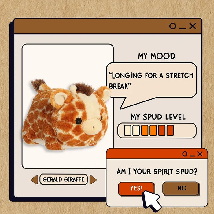 Aurora World Gerald Giraffe Spudster plush shown in playful Spirit Spud graphic design