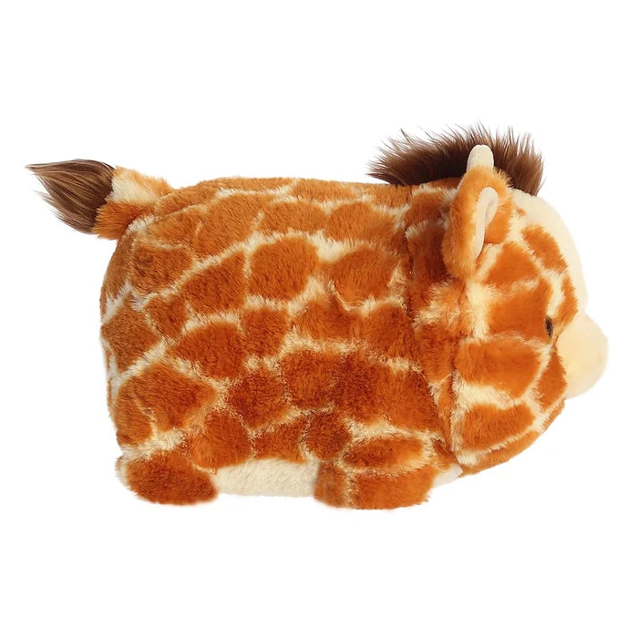 Side view of Gerald Giraffe Spudster plush showing fluffy mane and giraffe print