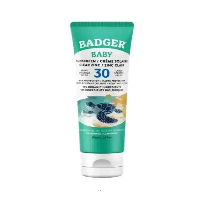 Badger Baby sunscreen tube with turtle illustration on a white background