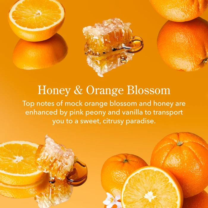 Honeycomb with honey, sliced oranges, and whole oranges on an orange background with text about 'Honey & Orange Blossom'.