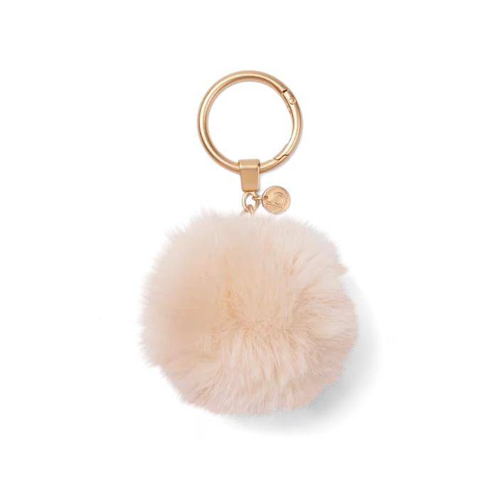 Bogg’d & Charmed Freshly Pressed Linen pouf keychain with soft faux fur and gold-tone key ring on white background