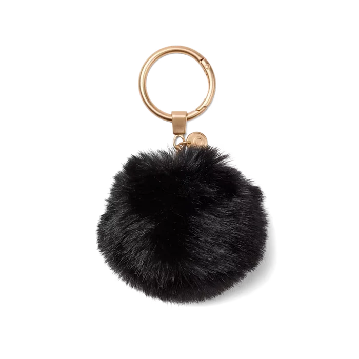 Bogg’d & Charmed L.B.D. Black pouf keychain with soft faux fur and gold-tone key ring on white background