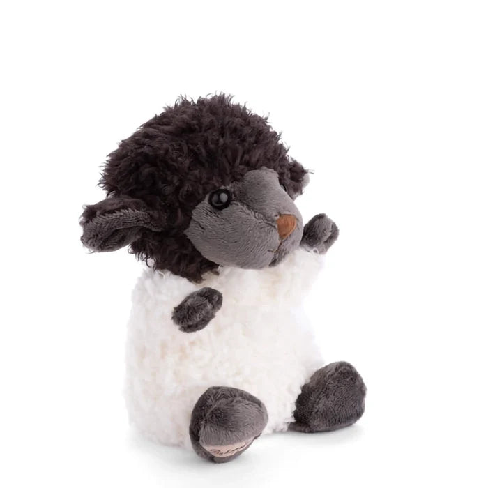 Bukowski Black Sheep plush toy side view featuring curly black fleece head and soft white body
