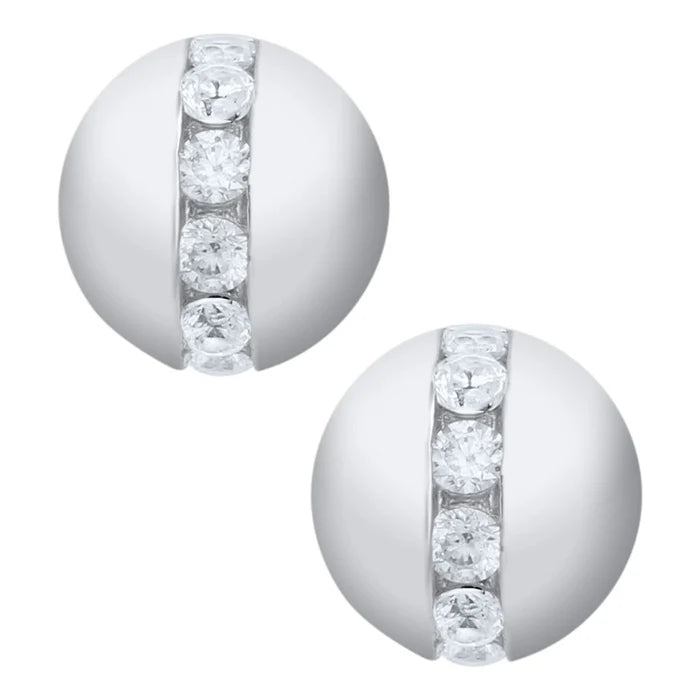 Pair of silver spherical earrings with clear gemstones on a white background