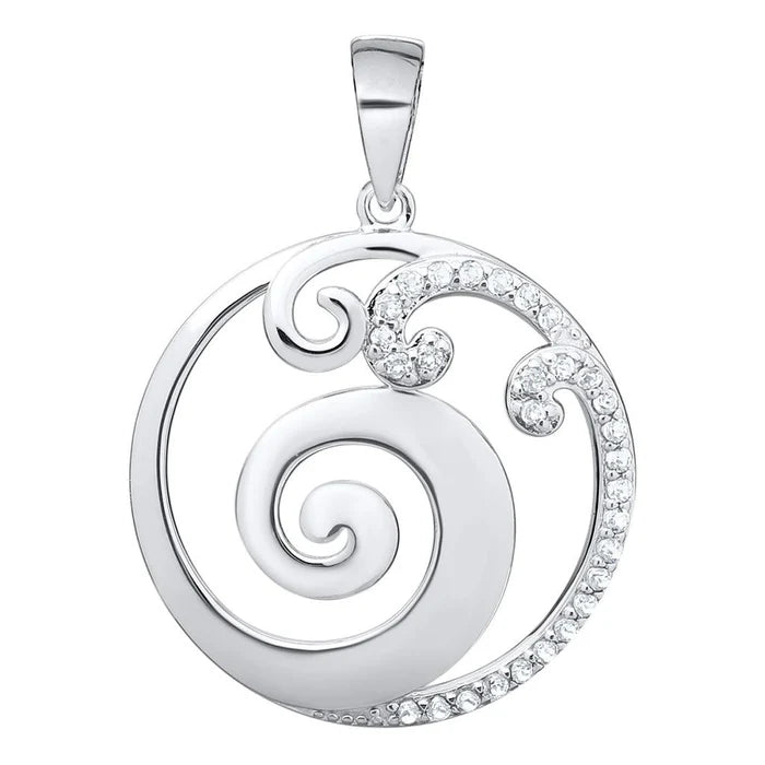 Silver spiral pendant with clear stones on a white background