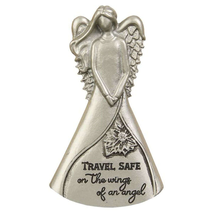 The engraved message “Travel safely on the wings of an angel” sits beneath the angel figure.