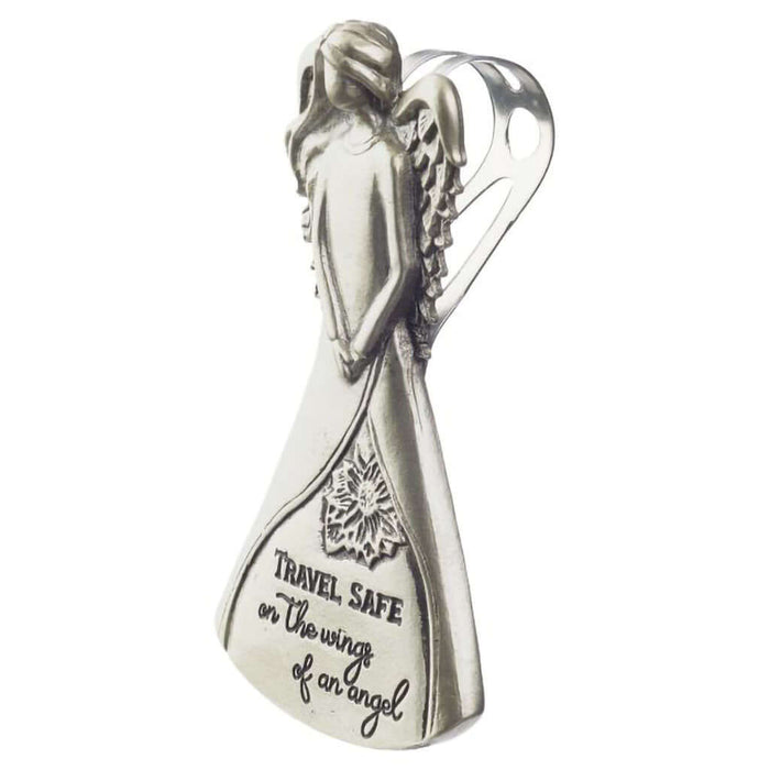 The engraved message “Travel safely on the wings of an angel” sits beneath the angel figure.