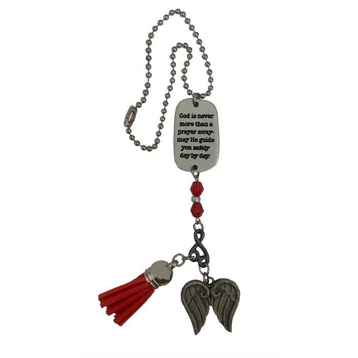 Carry a beautiful reminder of faith wherever you travel with the Cathedral Art God Is Never Red Tassel Angel Car Charm With Beads.