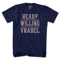 Navy blue t-shirt with 'Ready Willing and Vrabel' text on a white background