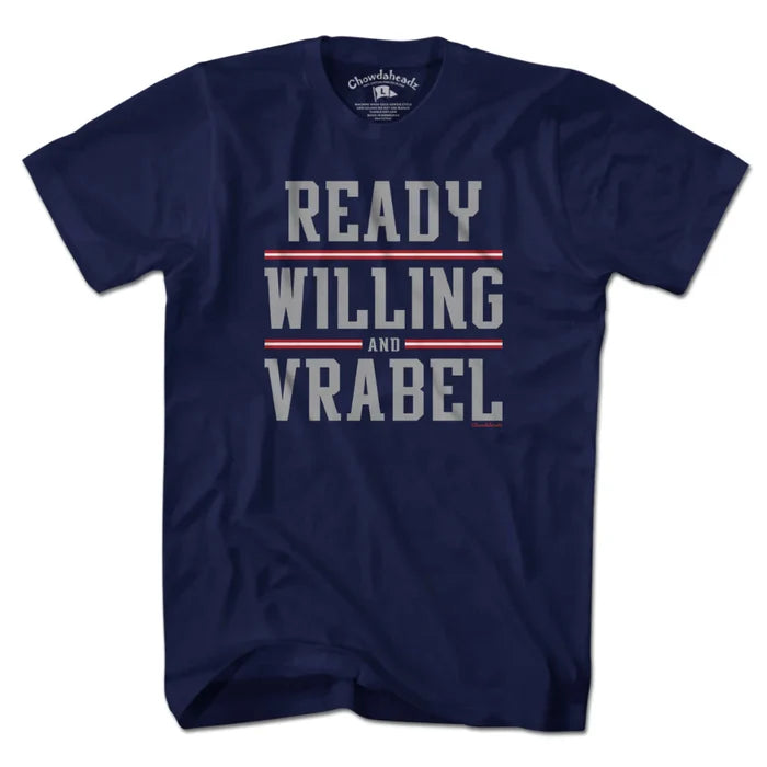 Navy blue t-shirt with 'Ready Willing and Vrabel' text on a white background