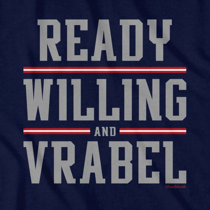Navy blue t-shirt with 'READY WILLING AND VRABEL' text in gray on a dark background