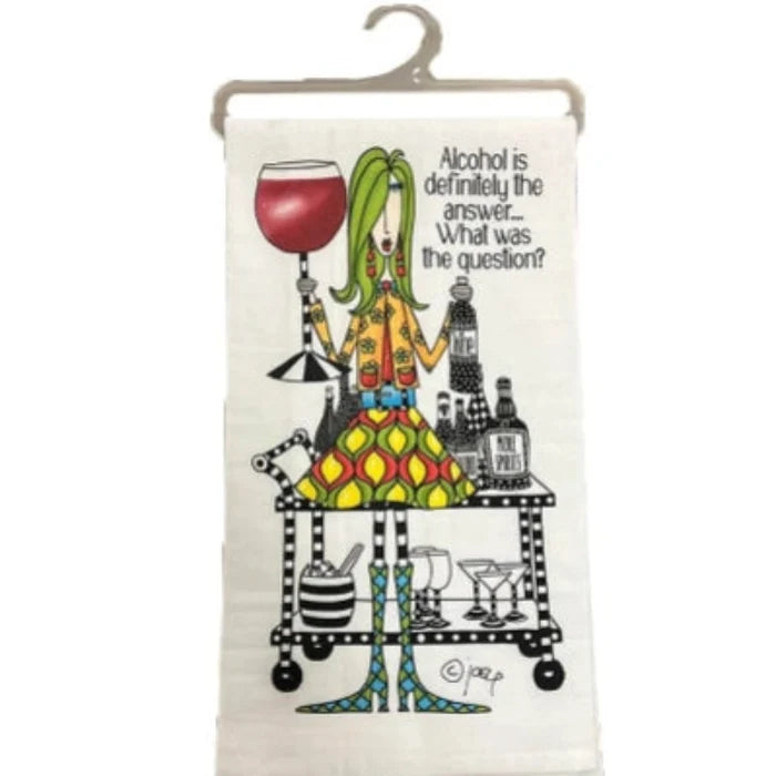 Alcohol Is Definitely The Answer humorous kitchen towel with playful text design
