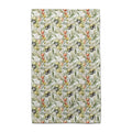 A decorative towel adorned with an olive branch motif, highlighting intricate green leaves against a neutral fabric.