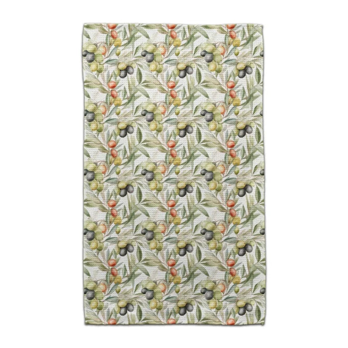 A decorative towel adorned with an olive branch motif, highlighting intricate green leaves against a neutral fabric.