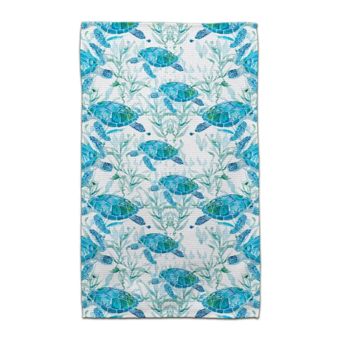 CJ Bella Turtle Blue Green with Seaweed eco-friendly reusable towel featuring a sea turtle design