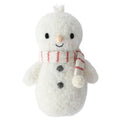 Front view of baby snowman doll with embroidered eyes, peach carrot nose, black buttons, and candy cane scarf.