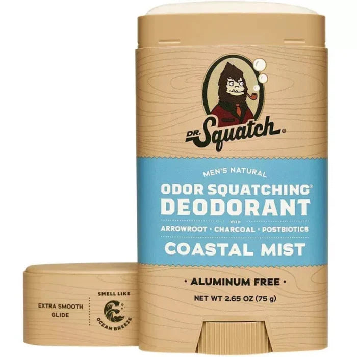 Dr. Squatch deodorant stick with coastal mist scent on a white background