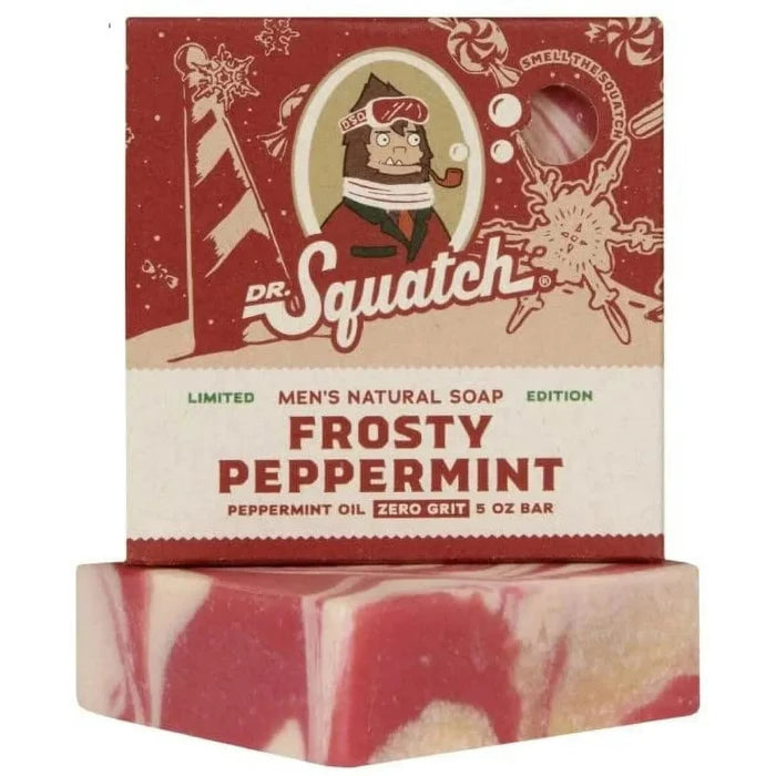 Dr. Squatch Frosty Peppermint soap bar with packaging on a white background