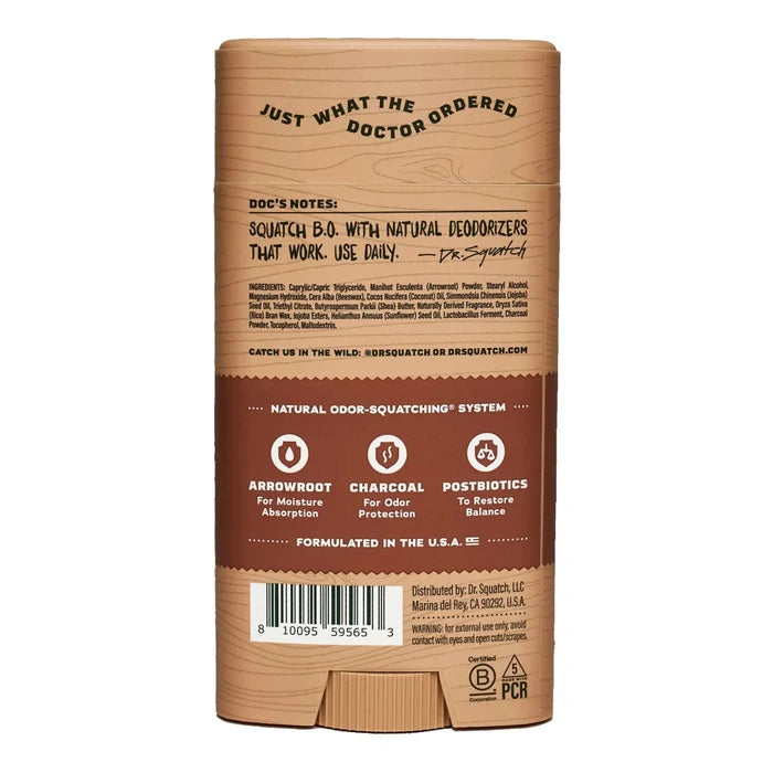 Ingredients and product details for Dr. Squatch Maverick Musk Deodorant featuring arrowroot, charcoal, and postbiotics.