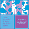 Drinks on me Napkins Design with blue abstract shapes and text on a purple, pink, and white background