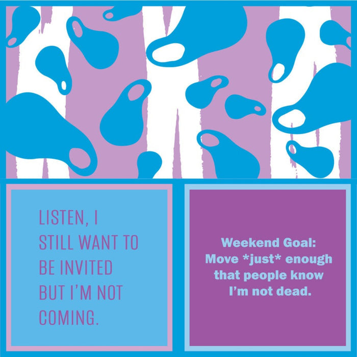Drinks on me Napkins Design with blue abstract shapes and text on a purple, pink, and white background