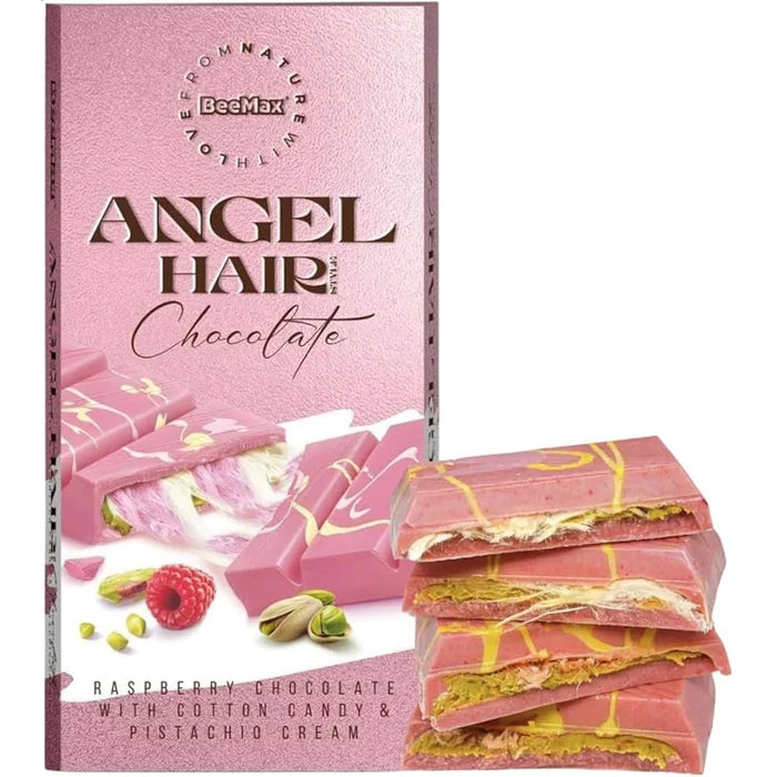 Dubai Chocolate : Raspberry Chocolate Angel Hair with Cotton Candy Pistachio Cream 7 oz on a white background