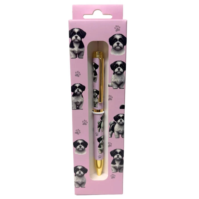 Pink Black and White Shih Tzu-themed gift boxed ballpoint pen with gold accents and dog illustrations.