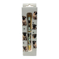 Gray Pug-themed gift boxed ballpoint pen with gold accents and dog illustrations.