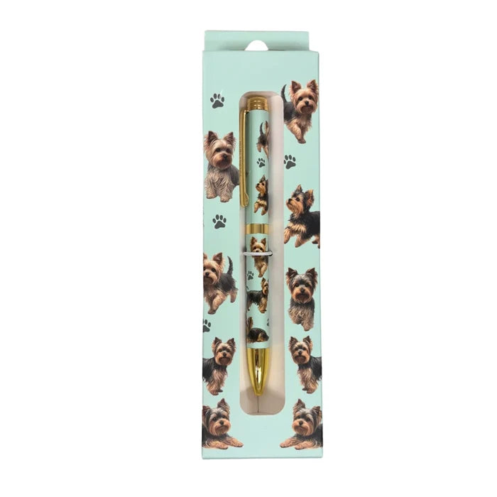 Blue Yorkie-themed gift boxed ballpoint pen with gold accents and dog illustrations.
