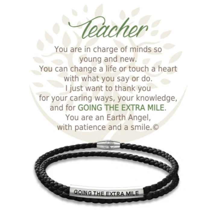 Celebrate an inspiring educator with the Earth Angel Teacher in Black Leather Bracelet.