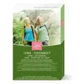 Product packaging with a scenic image of two people hiking and text on a white background